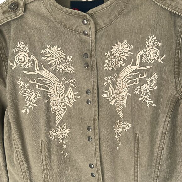 Nautica Jeans Military Olive Jacket L Embroidered Floral Cotton 90s Vintage - Picture 3 of 6